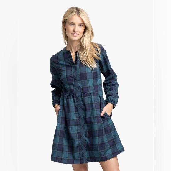 *NWT* Southern Tide Women’s L Lendy Long-Sleeve Blue/Green Plaid Pocket Dress - Picture 1 of 14